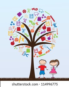 pair of children with school supplies tree vector illustration