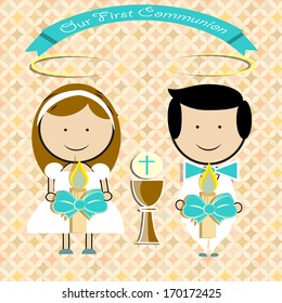 pair of children, smiling holding sacraments for their first communion