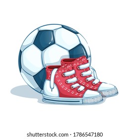 A pair of children's sports shoes and a soccer ball. Back to school. Sports accessories. Isolate.