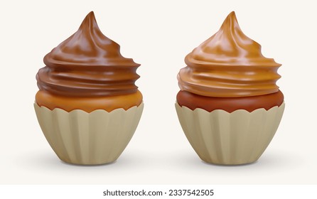 Par de muffins de chocolate con crema diferente. chocolate oscuro y de leche. Ilustración de color vectorial, concepto para café, restaurante, panadería. Pastel dulce