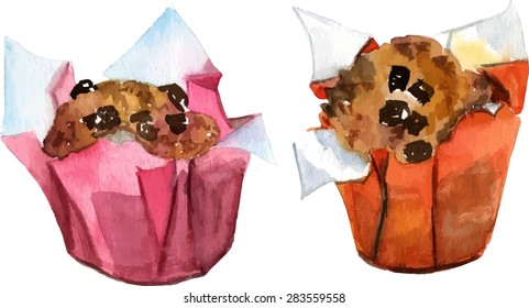 A pair of chocolate muffins, isolated watercolor drawings, scalable vector graphic