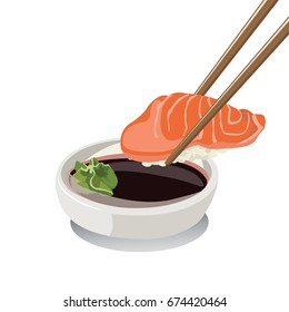 A pair if chopsticks dipping salmon sushi into a soy sauce and wasabi