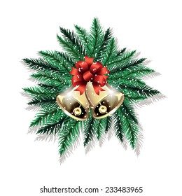 Pair of Christmas bells and fir tree branches isolated on white background. Vector illustration. 