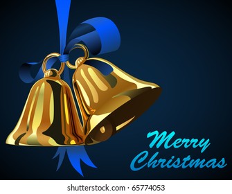 Pair of Christmas bells hanging on blue ribbon with copy space.