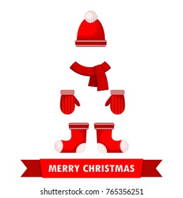Pair of Christmas mittens, winter hat, scarf and felt boots on white background. Vector illustration. Christmas clothes in flat design.