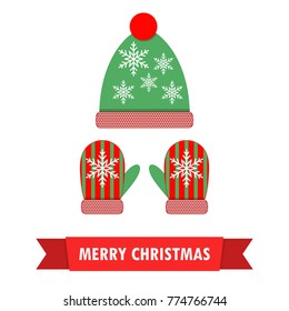 Pair of Christmas mittens and winter hat on white background. Vector illustration. Christmas clothes in flat design.