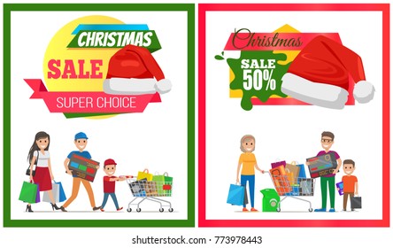 Pair of Christmas sale cards vector illustration with two families, lot of purchases, red hats, ad text, isolated on white with green and red frames