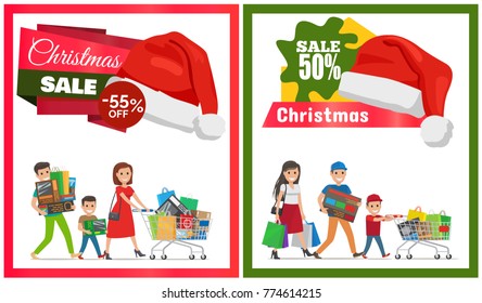 Pair of Christmas sale cards vector illustration with two families, lot of purchases, red hats, ad text, isolated on white with green and red frames