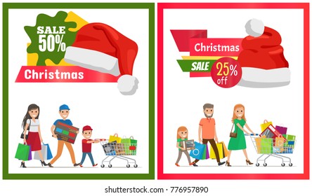 Pair of Christmas sale cards vector illustration with two families, lot of purchases, red hats, ad text, isolated on white with green and red frames