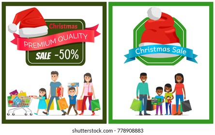 Pair of Christmas sale cards vector illustration with two families, lot of purchases, red hats, ad text, isolated on white