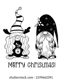 Pair of Christmas Scandinavian gnomes. Cute character gnome and girl gnome with deer antlers and caramel sticks. Vector illustration. Doodle hand drawing. Isolated New year winter characters