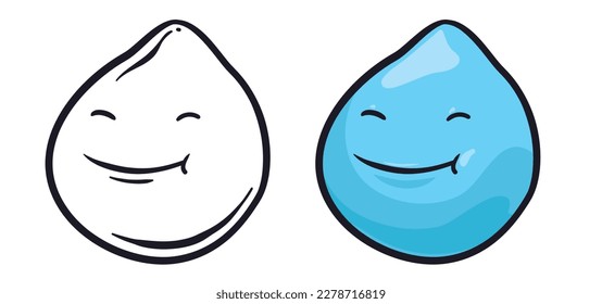 Pair of chubby water drops with cute smiling face, one in outlines for coloring and the other in cartoon style.