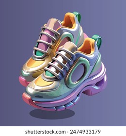 A pair of chunky, futuristic sneakers with metallic accent.