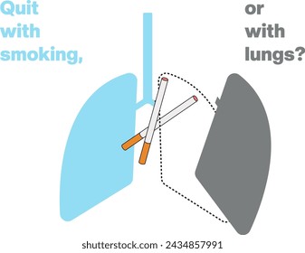 A pair of cigarettes, turned into scissors, cut damaged lung. And a question to the smoker: "Quit with smoking, or with lungs?" Vector world no  tobacco day illustration.