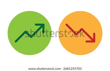 pair of circular icons with rising and falling trend lines, representing growth, decline, market momentum, and financial performance