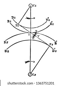 Pair Of Circular Pulleys Connected By A Rope, Showing The Range Of Motion As Arcs, Vintage Line Drawing Or Engraving Illustration.