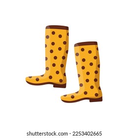 Pair of classic gumboot with white dots pattern. Protection from rain and dirt. Gardening concept