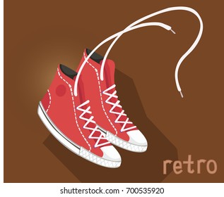 A pair of classic red sneakers, made in the form of a sketch. The white untied laces are weaved.Sneakers on a dark background. Isolated objects for your design. Vector illustration