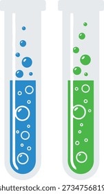 A pair of clean, flat vector icons showing test tubes containing bubbling blue and green liquids, ideal for science and research themes.