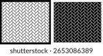A pair of clean and modern basket weave patterns in black and white. The interlocking rectangular design creates a seamless, rhythmic texture perfect for backgrounds, textile prints, wallpapers, wrapp