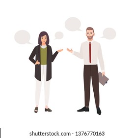 Pair of clerks dressed in business clothes standing and talking to each other. Conversation or dialog between male and female office workers isolated on white background. Flat vector illustration.