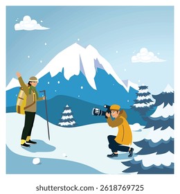 A pair of climbers are doing a winter mountain climbing with winter equipment and clothes. The man and woman are taking pictures with the snowy mountain in the background. Flat vector illustration.