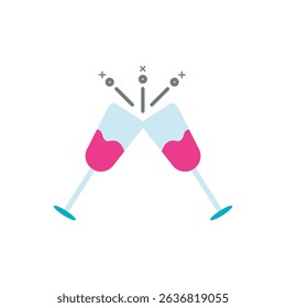 pair of clinking champagne glasses in a flat style, symbolizing celebration and joy. Great for wedding invitations, holiday cards, and New Year’s Eve promotions.