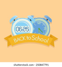 a pair of clocks and a ribbon with text on a colored background