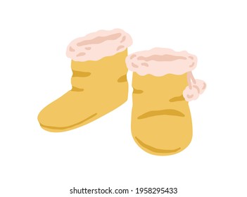 Pair of closed winter slipper boots with fur line and pompoms isolated on white background. Cozy fluffy home shoes. Comfy childish footwear. Colored flat vector illustration of warm soft footgear