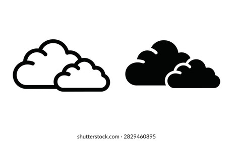 A pair of cloud clusters designed in a vector format featuring both outline and solid filled variations. These icons are ideal for weather interfaces digital dashboard elements and creative design projects needing cloud imagery.