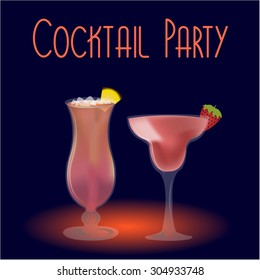 Pair of cocktails on a colored background with text. Vector illustration