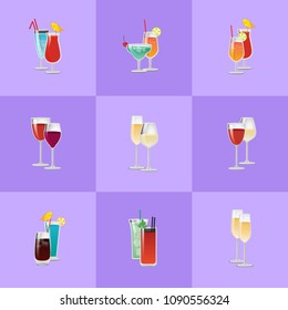 Pair of cocktails in squares vector set, elite classical and exotic drinks decorated by citrus fruits, umbrella and straw, wine and champagne isolated