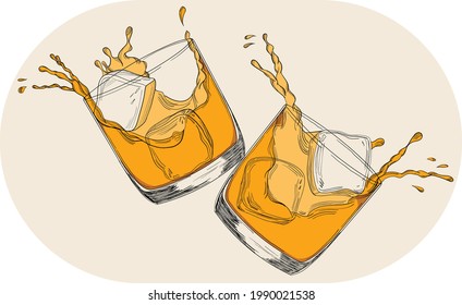 Pair of Cold glasses with splashing Whiskey and floating ice cubes