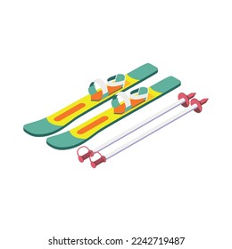 Pair of color skis with poles 3d isometric icon vector illustration