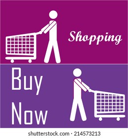 a pair of colored banners with text, a silhouette of a person and a shopping cart