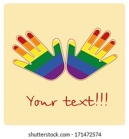 a pair of colored lgbt hands and some red text