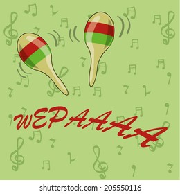 a pair of colored maracas and some text in a green background
