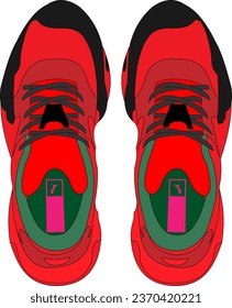 a pair of colored sneakers, top view