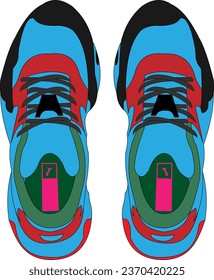 a pair of colored sneakers, top view