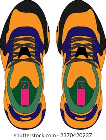 a pair of colored sneakers, top view