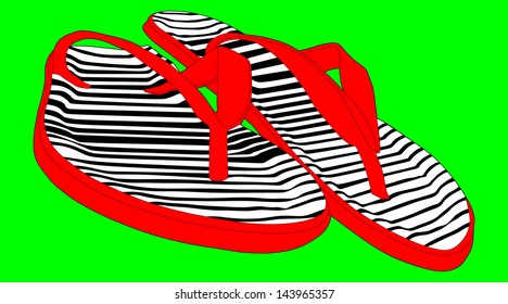 pair of colorful beach sandals,vector, illustration, isolated on green background. red blue and yellow thongs , black and white