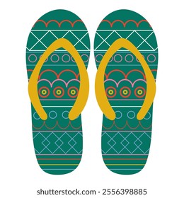 a pair of colorful flip-flops with intricate geometric patterns in green, yellow, red, and pink, featuring yellow straps for a vibrant summer look.