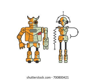 Pair of colorful funny cartoon robots isolated on white background. Concept of friendly android and metal monster. Creative vector illustration for mascots, website banner, poster, advertisement.