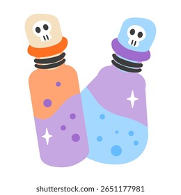 Pair of colorful Halloween potion bottles with skull stoppers. Perfect for magic, fantasy, or spooky designs