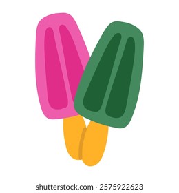 A pair of colorful ice cream. A group of ice cream on a stick in pink and green colors. Fruit ice, lollipops, highlighted on a white background. Popsicle flat illustration