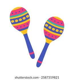 Pair of colorful maracas with ornament. Mexican traditional musical instrument. Latin music. Maraca for carnival, festival, party. Vector flat illustration isolated on white background