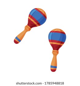 Pair of Colorful Maracas Percussion Wooden Musical Instrument Flat Style Vector Illustration on White Background