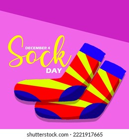 A pair of colorful socks with bold text on pink background to celebrate Sock Day on December 4