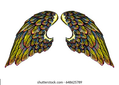 Pair of colorful spread out eagle bird or angel wings. Colourful spread of etched woodcut vintage style wings. African, Indian totem tattoo design concept for body art. Vector.