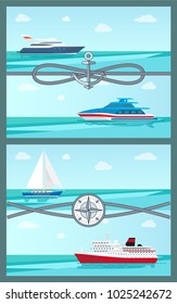 Pair of colorful vector illustrations with sea vessels motor boats yacht and liner, calm sea water cute seascape, bright sky, rope loop, cordage ropes